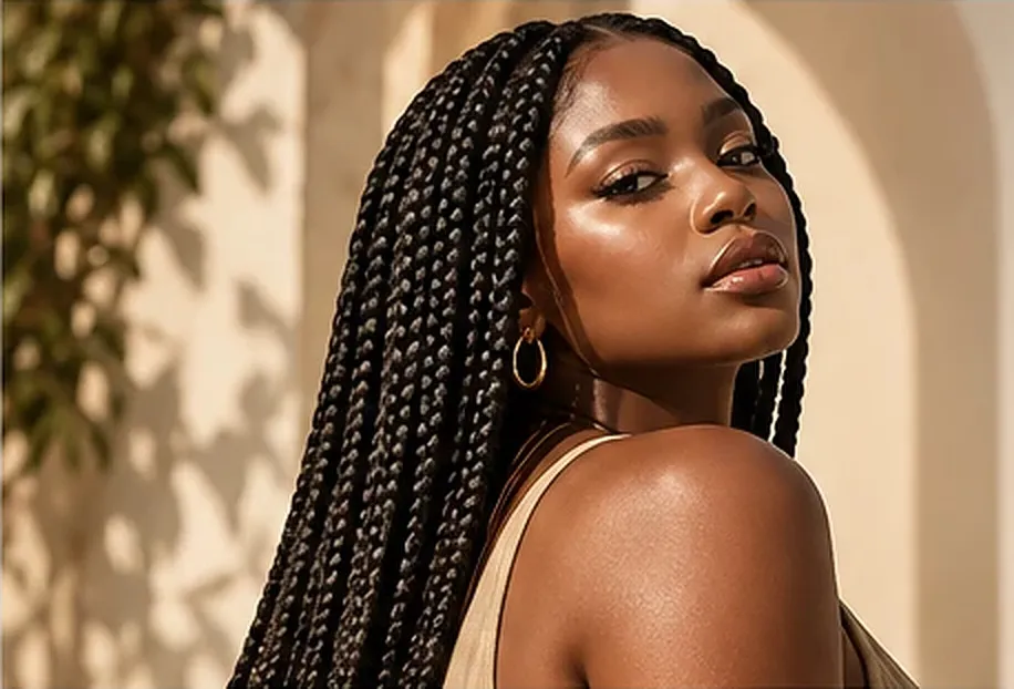 Woman with long box braids in warm afternoon light